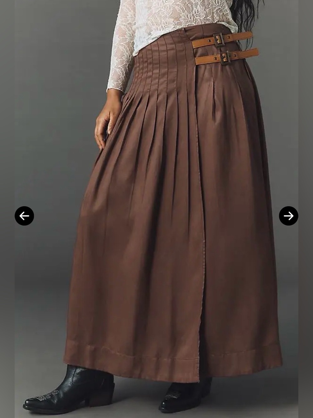 🤎 NWT! Anthro Brown Pleated Wrap Maxi Skirt with Double Buckle Waist